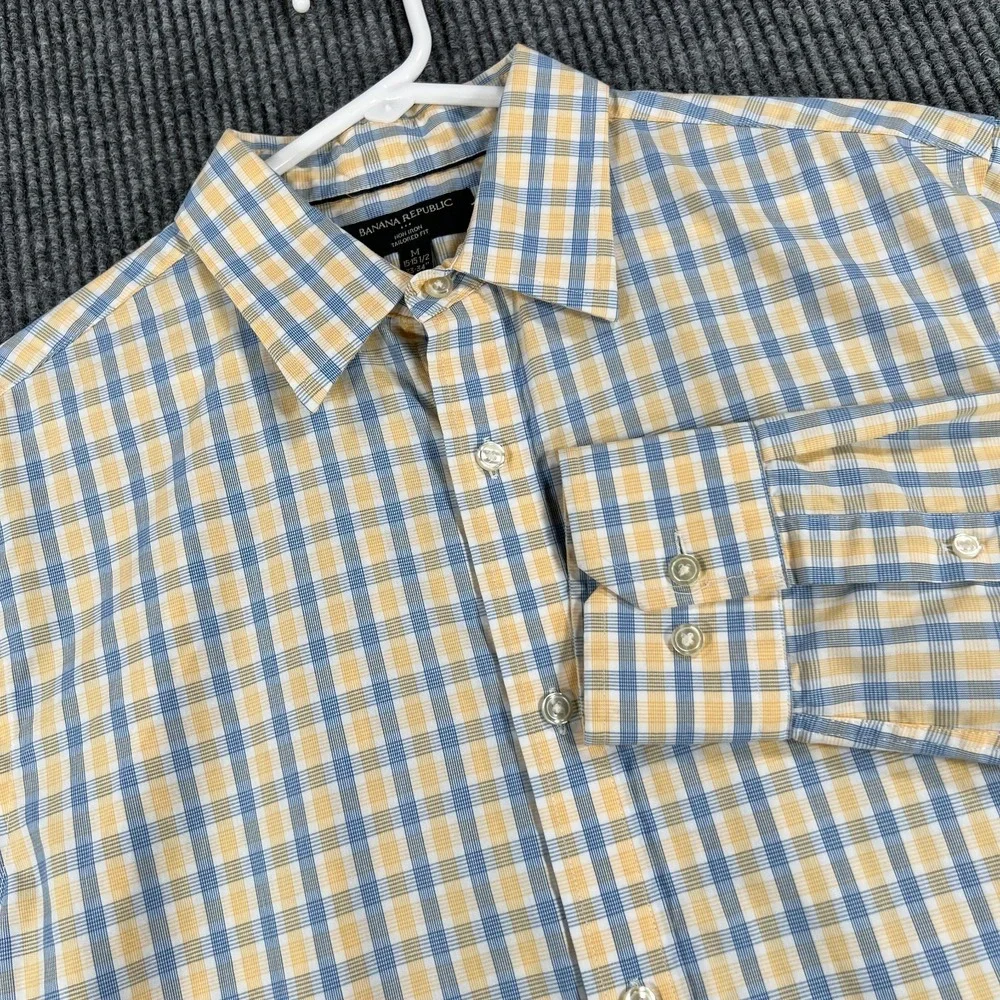 Banana Republic Shirt Mens Medium Yellow Blue Plaid‎ Button Up Tailored Fit